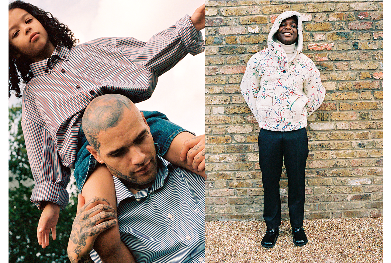 Fashion editorial with unique styling by Bianca Fleisch plus portrait of two models dad having his child on the shoulders plus streetwear