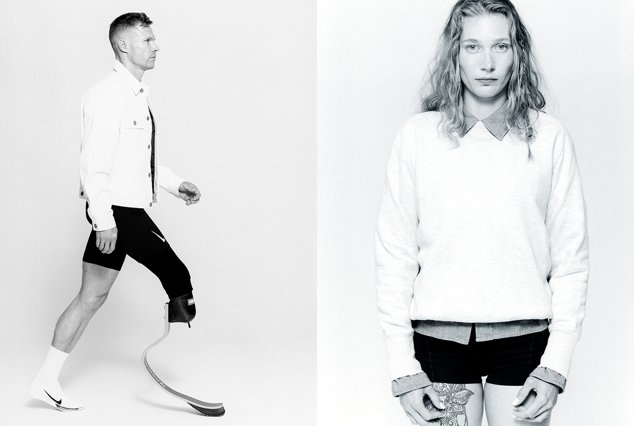 Street style look in an urban setting, styled by Bianca Fleisch plus Studio portrait of a model styled by Bianca Fleisch GQ paralympics 