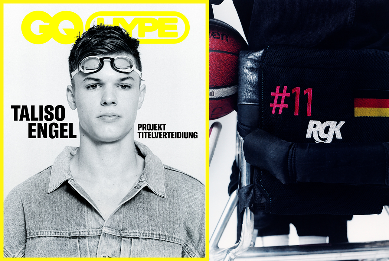 Street style look in an urban setting, styled by Bianca Fleisch plus Studio portrait of a model styled by Bianca Fleisch GQ paralympics  plus detailed shot of wheelchair and basketball in the hand 