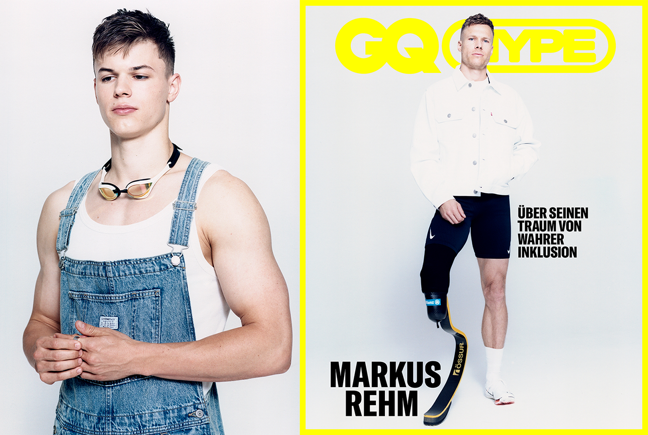 Street style look in an urban setting, styled by Bianca Fleisch plus Studio portrait of a model styled by Bianca Fleisch GQ paralympics 