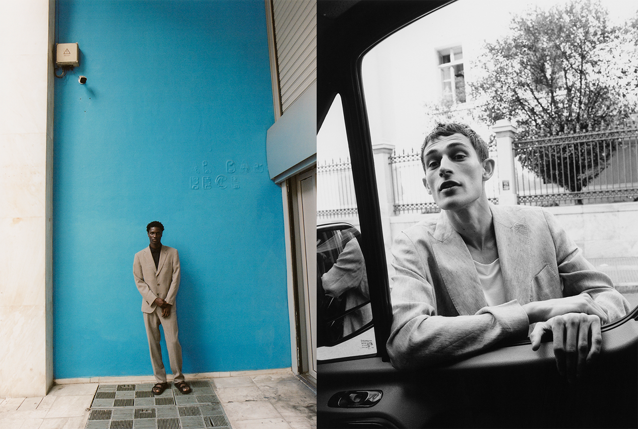 Street style look in an urban setting, styled by Bianca Fleisch plus portrait of a model leaning towardsa car window looking at the driver