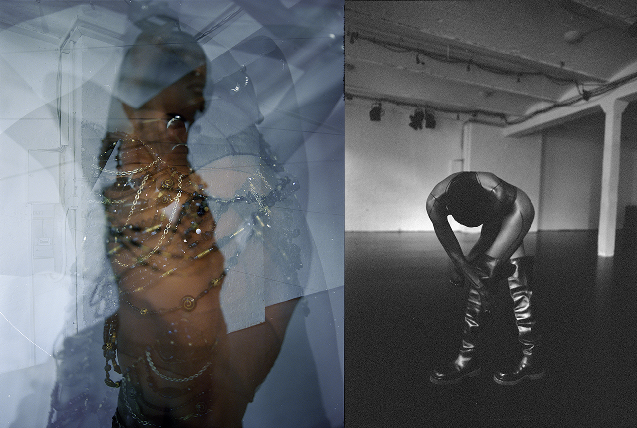 Detail shot of a styled outfit by Bianca Fleisch plus fancy blurred photography on the left an black and white image with grain layer on top.
