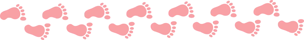 A pattern of pink baby footprints facing various directions on a white background.