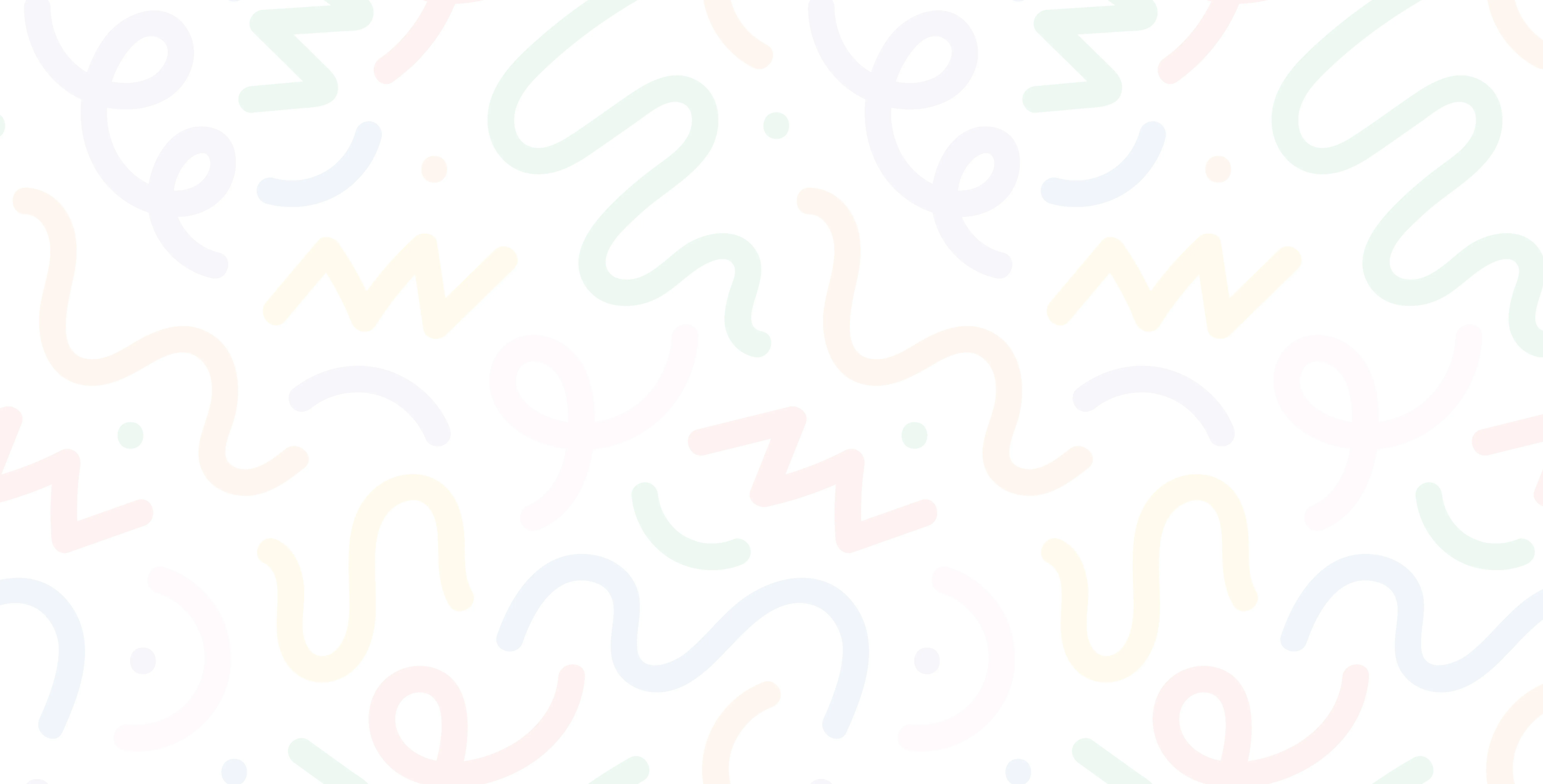 A playful and whimsical pattern of abstract pastel green, yellow, pink, and blue shapes on a white background.