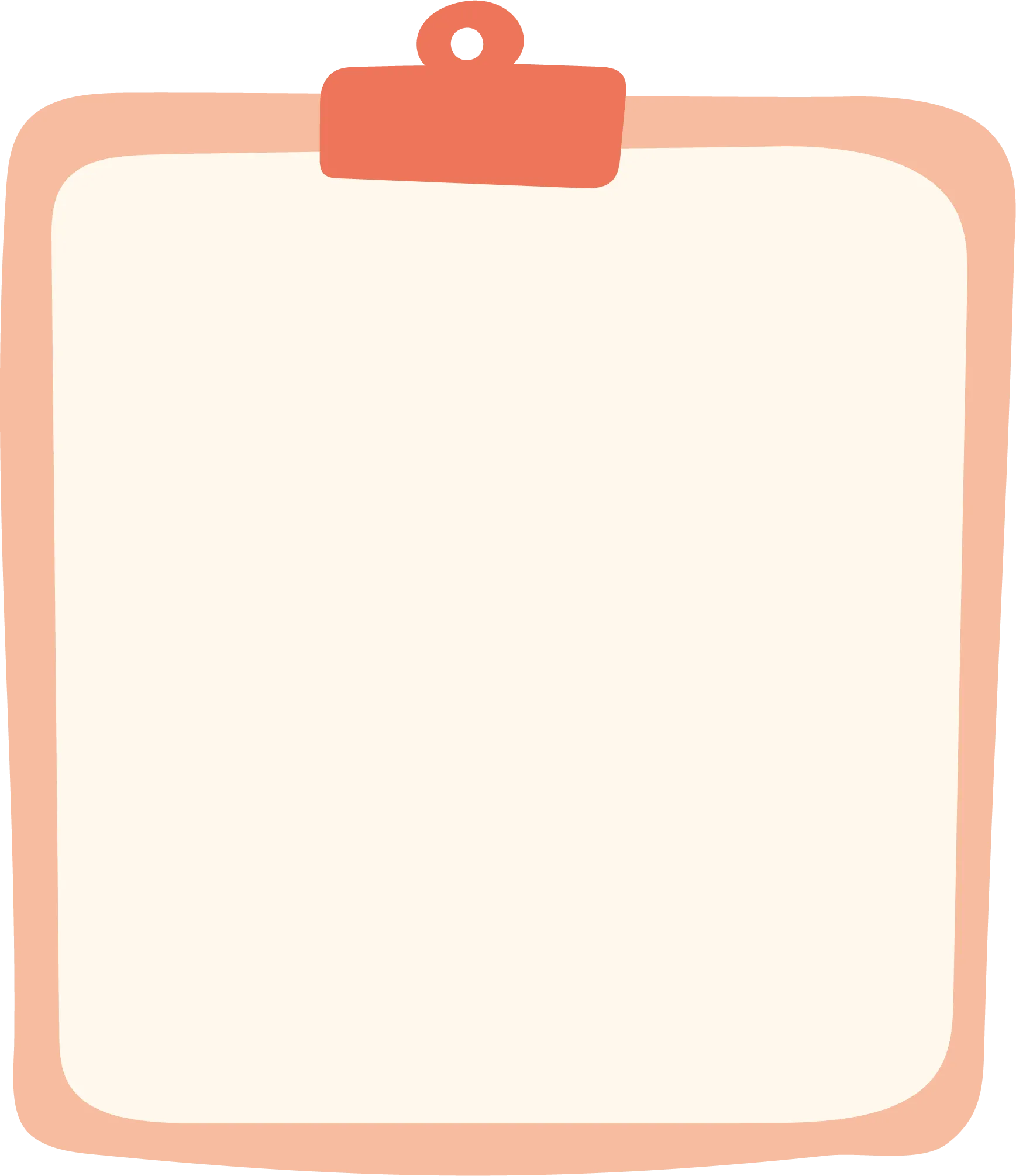 A cartoon-style clipboard with a peach border, cream center, and coral clip.