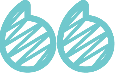 Two stylized light blue icons resembling rotated 'b's or '6's with scribbled interiors on a black background.