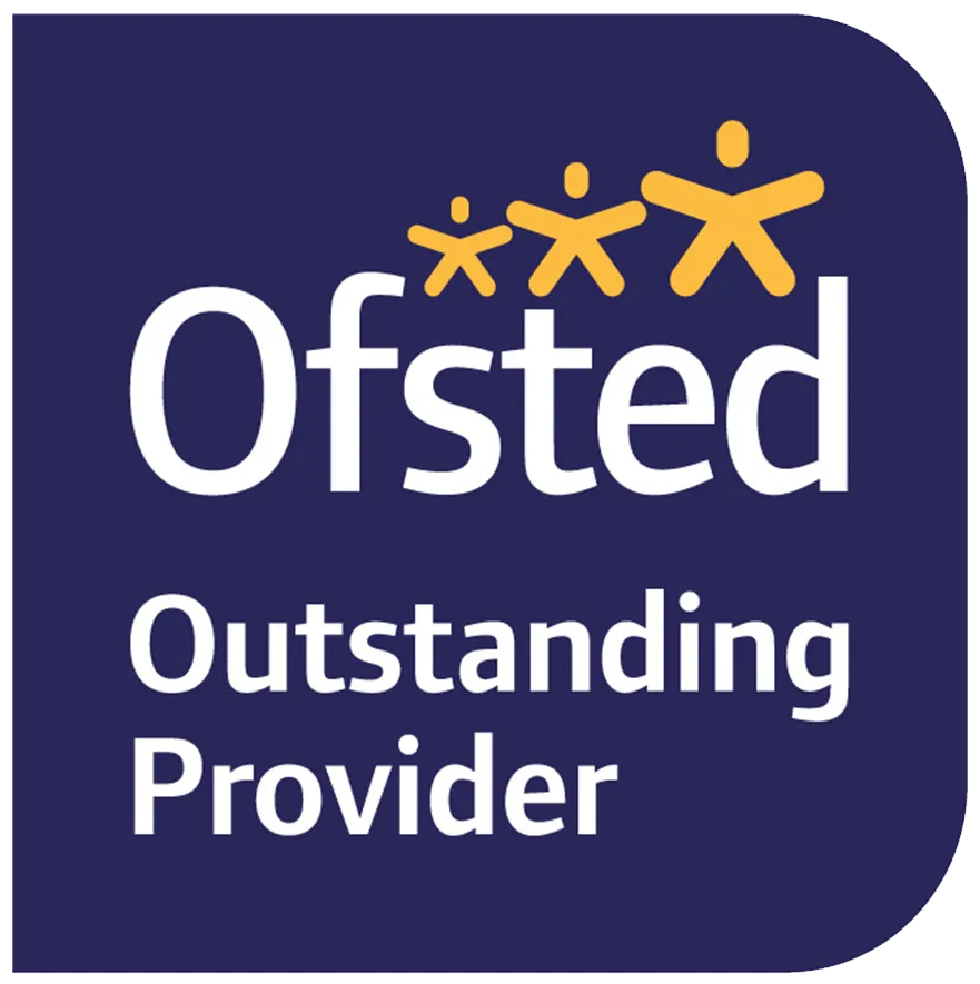 Ofsted Outstanding Provider logo with three yellow stylized figures and white text on a dark blue background.