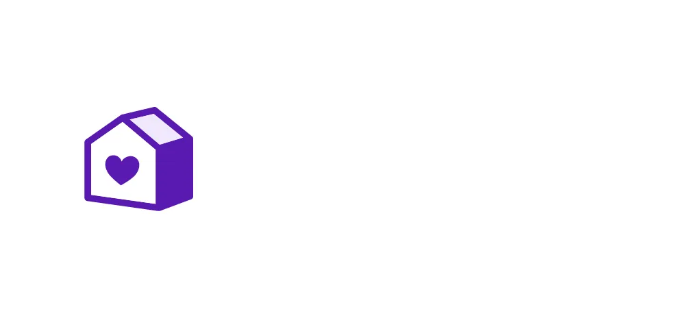 A stylized purple house icon with a white heart shape on the front.