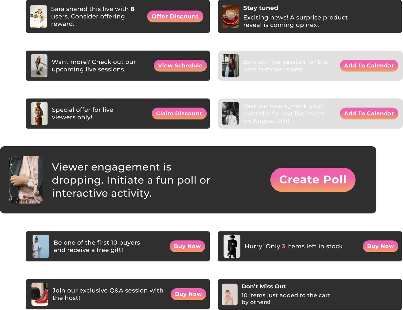 Screenshot of an app displaying various engagement types, highlighting user interactions and metrics for analysis.