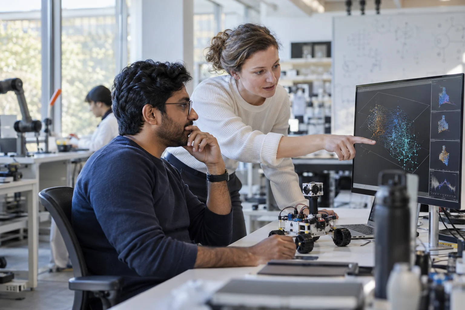 Illustrative AI and Deep Tech professionals collaborating on a business workflow.