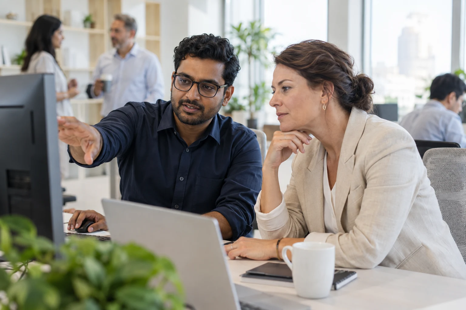 An engineer and business owner reviewing a working enterprise system.