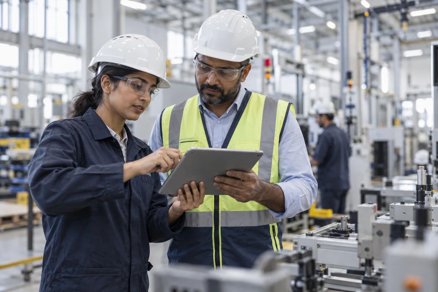 An engineer and supervisor reviewing factory operations with a tablet.