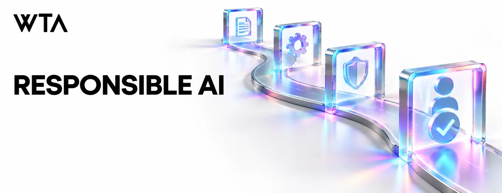 Responsible ai: a clear winding pathway passing through three holographic checkpoint gates, one shield gate and a final human approval checkmark, symbolizing controlled progress