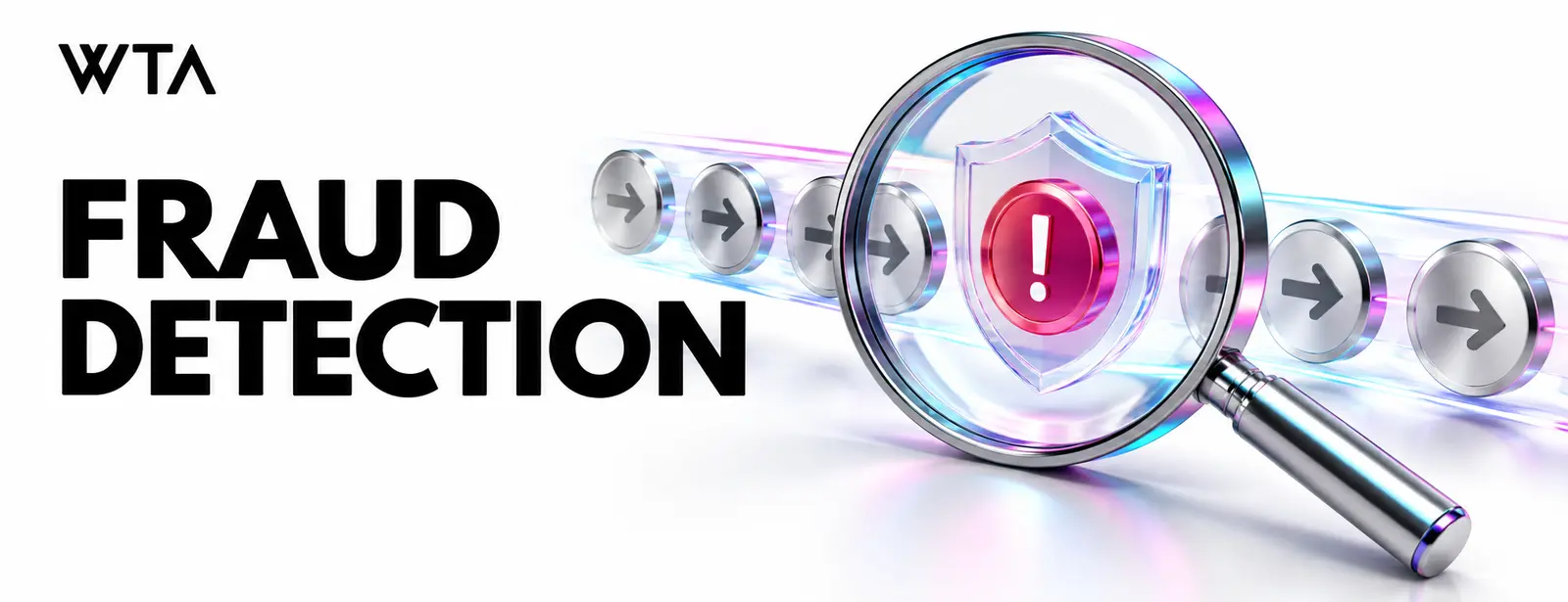 Fraud detection: a magnifying glass examining a stream of transaction tokens, one suspicious token isolated behind a translucent shield while normal tokens continue safely