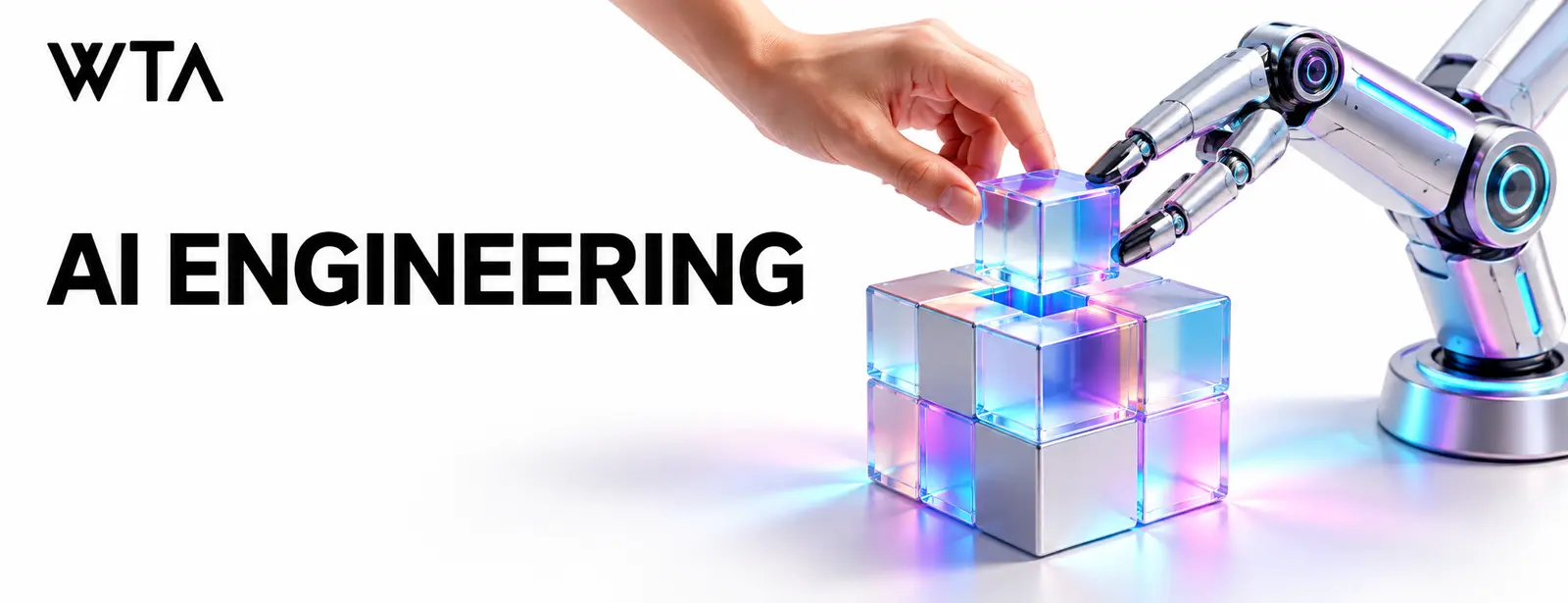 Ai engineering: a human hand guiding a translucent robotic drafting arm as together they assemble a clean modular software cube, partnership and checked construction