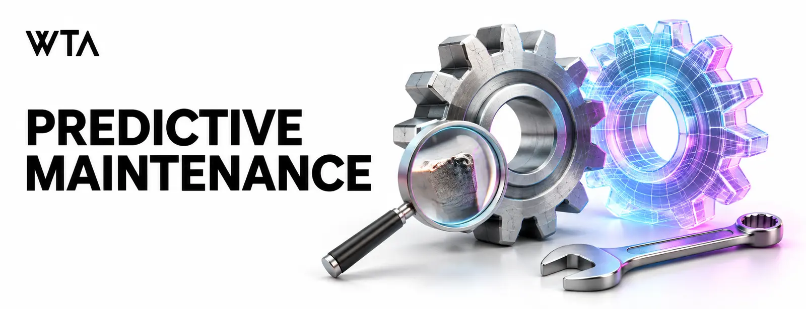 Predictive maintenance: a physical industrial gear beside its glowing translucent holographic twin, a small magnifying lens revealing a worn tooth and a wrench ready for planned maintenance