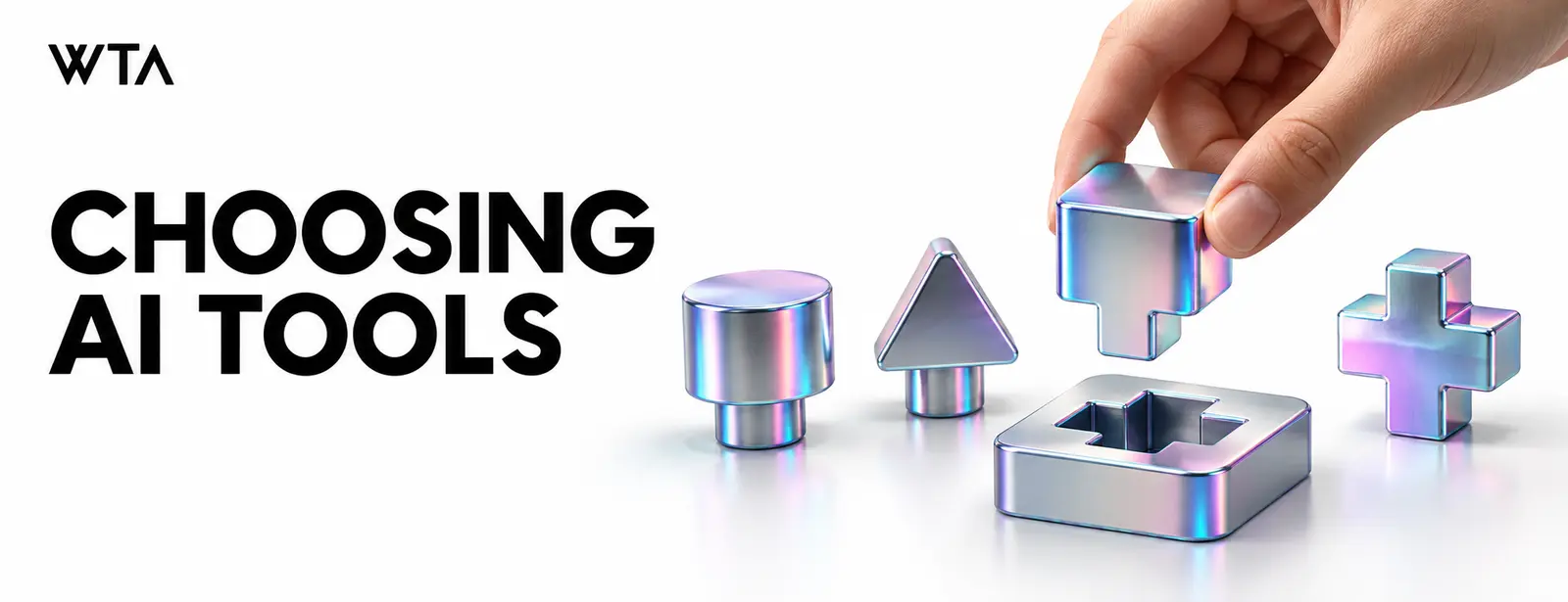 Choosing ai tools: four different holographic modular connectors on a white workbench, a human hand choosing the connector that exactly fits a business workflow socket, simple choice and fit metaphor