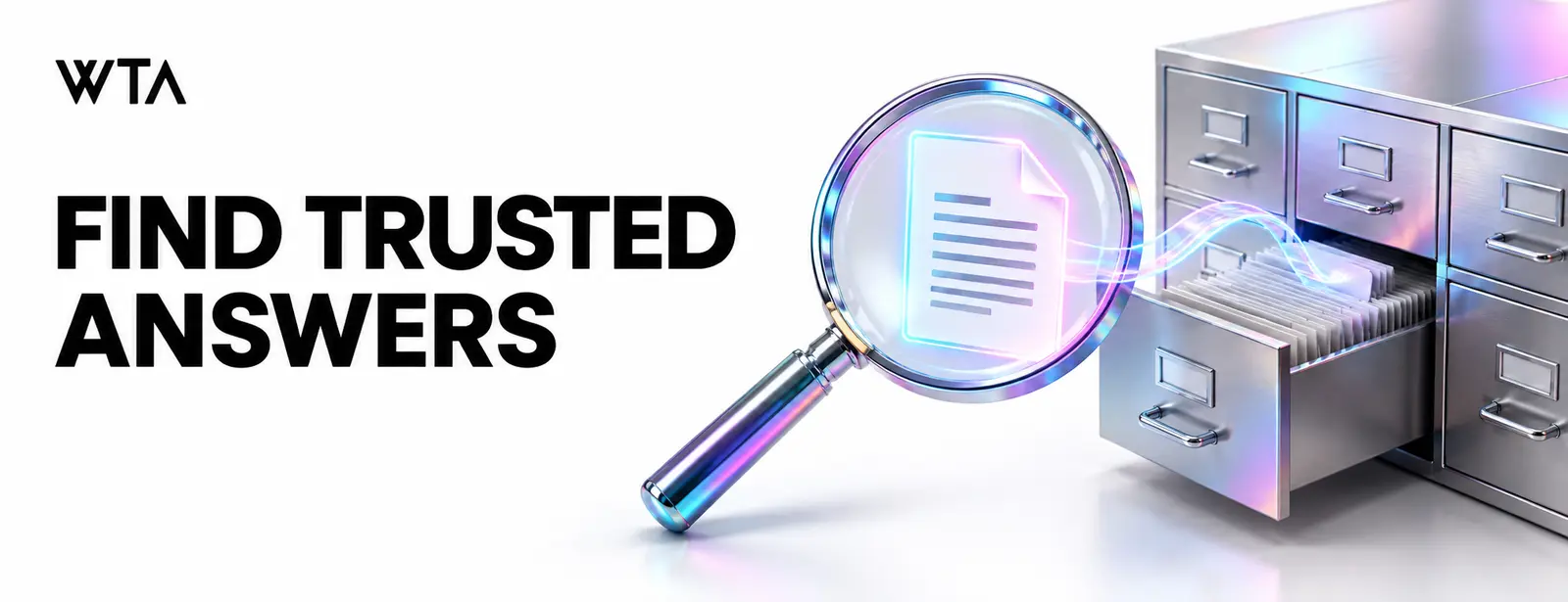 Find trusted answers: a magnifying glass selecting one clearly highlighted document from a stack of legacy filing drawers, a holographic thread connecting the answer back to its source document