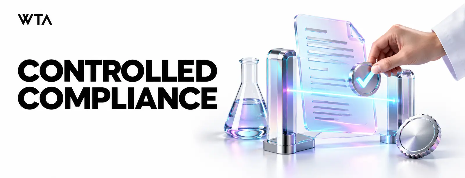Controlled compliance: a holographic laboratory document passing through a transparent approval checkpoint beside a glass laboratory flask and a silver seal, human review conveyed by a hand placing a checkmark