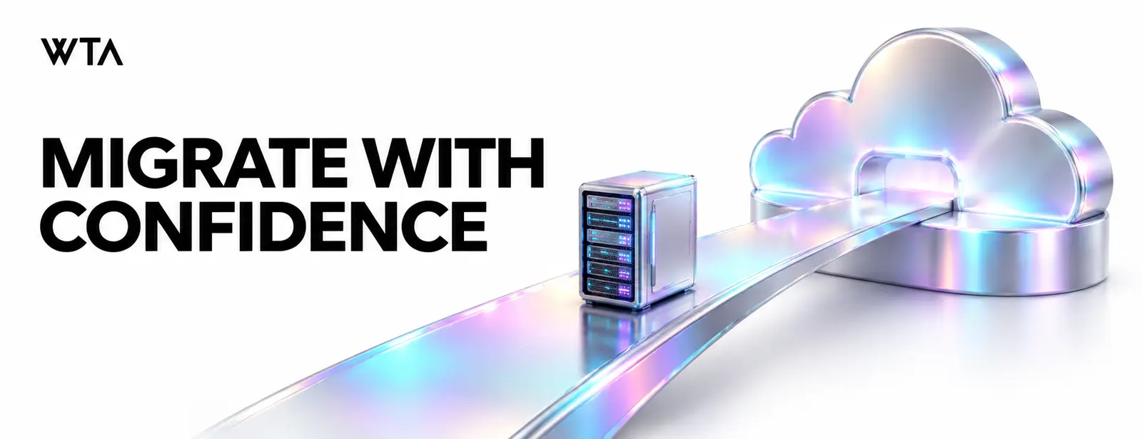 Migrate with confidence: a small familiar server cabinet crossing a broad iridescent bridge toward a cloud-shaped platform, clear migration journey