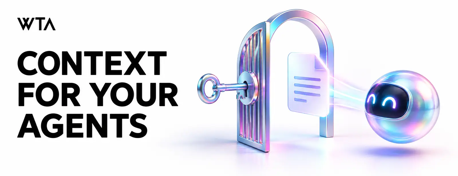 Context for your agents: a small iridescent agent orb receiving one approved document through an open permission gate with a key, focused authorized knowledge