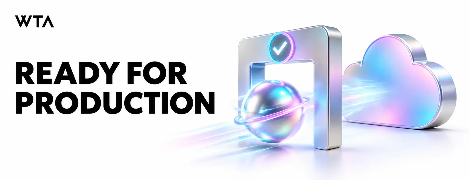 Ready for production: an iridescent agent orb passing through a sturdy inspection gate with a checkmark into a stable cloud platform, clear readiness metaphor