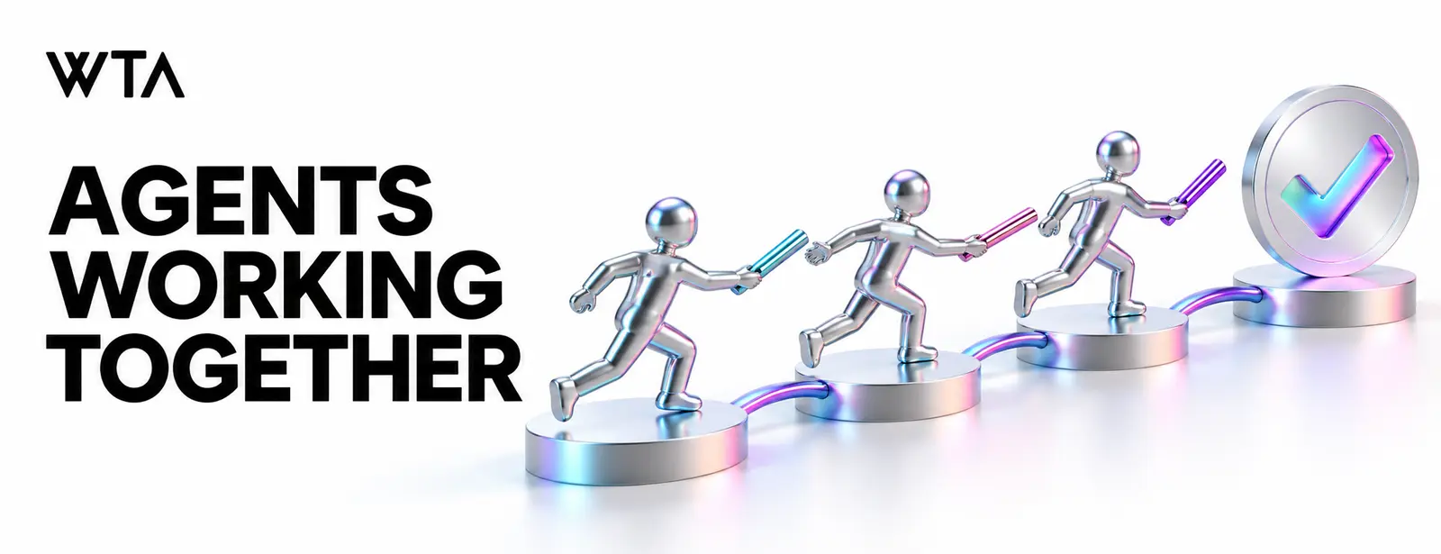 AGENTS WORKING TOGETHER: three distinct iridescent relay batons passing through clearly separated stations toward one checkmark finish, coordinated handoffs