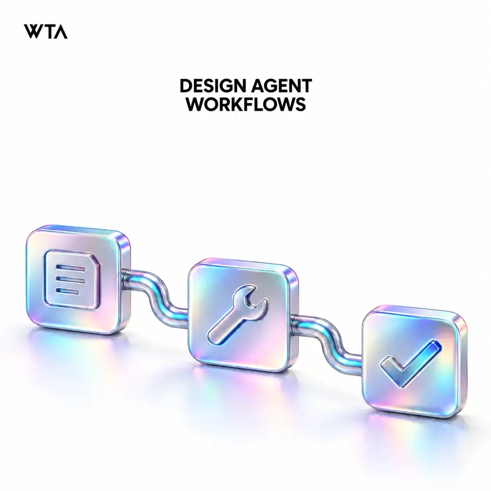 Design agent workflows: one simple iridescent modular rail connecting a request tile, a tool-shaped block and a completed checkmark, orderly coordinated agent work