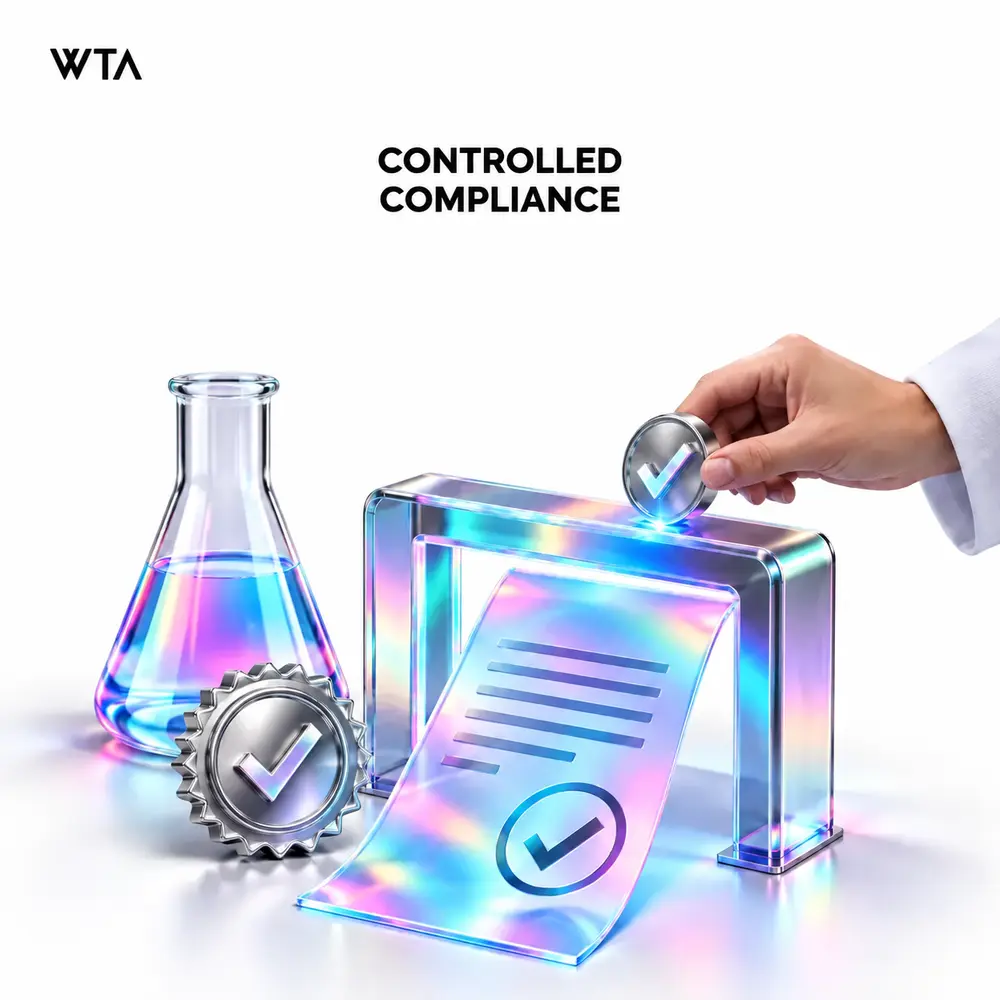 Controlled compliance: a holographic laboratory document passing through a transparent approval checkpoint beside a glass laboratory flask and a silver seal, human review conveyed by a hand placing a checkmark