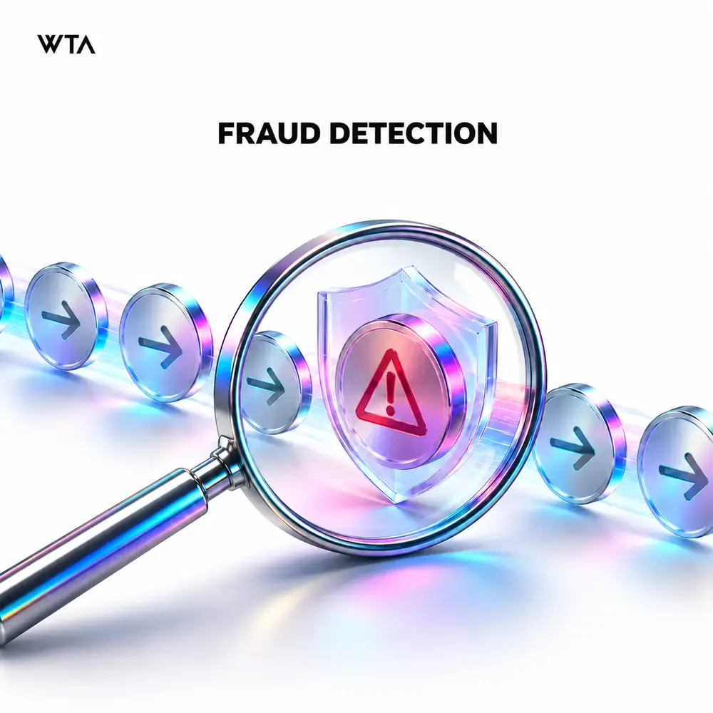 Fraud detection: a magnifying glass examining a stream of transaction tokens, one suspicious token isolated behind a translucent shield while normal tokens continue safely
