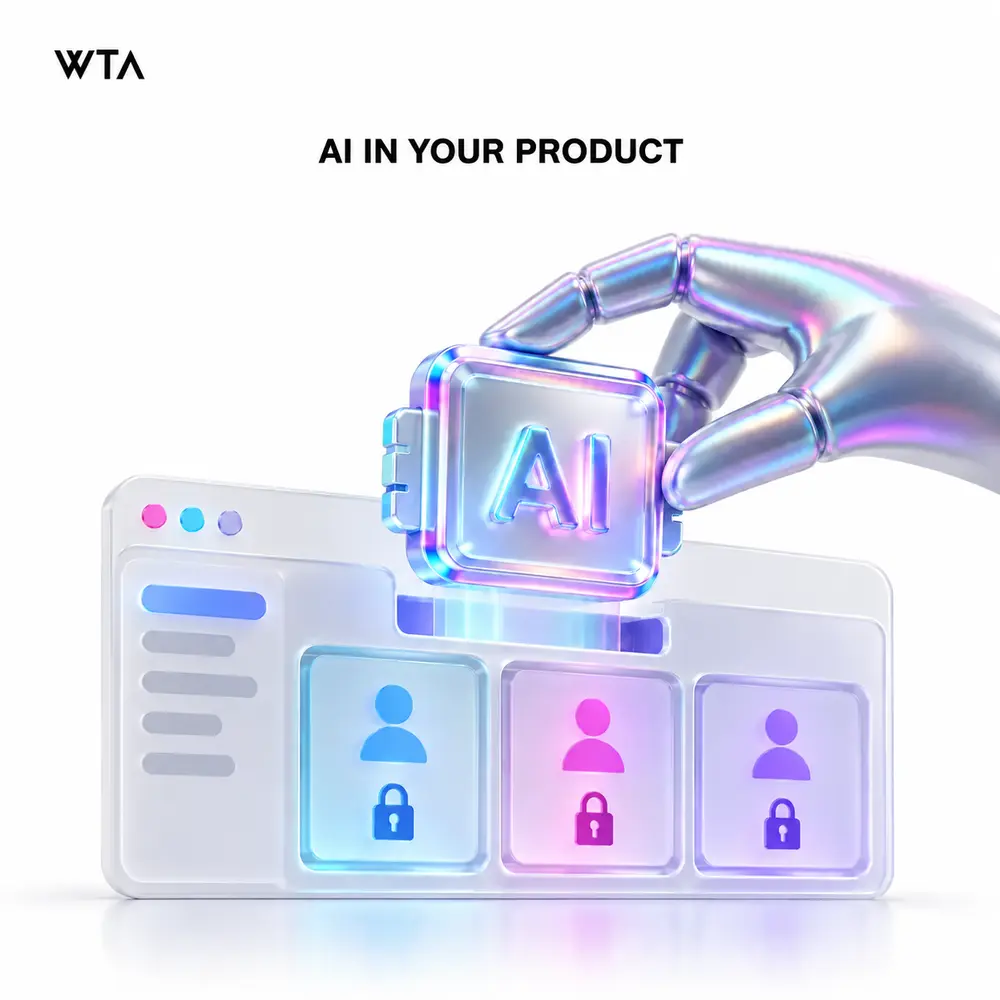 Ai in your product: a luminous holographic AI module being carefully inserted into an existing clean software window, separate customer compartments protected by small lock symbols, integration without mixing data