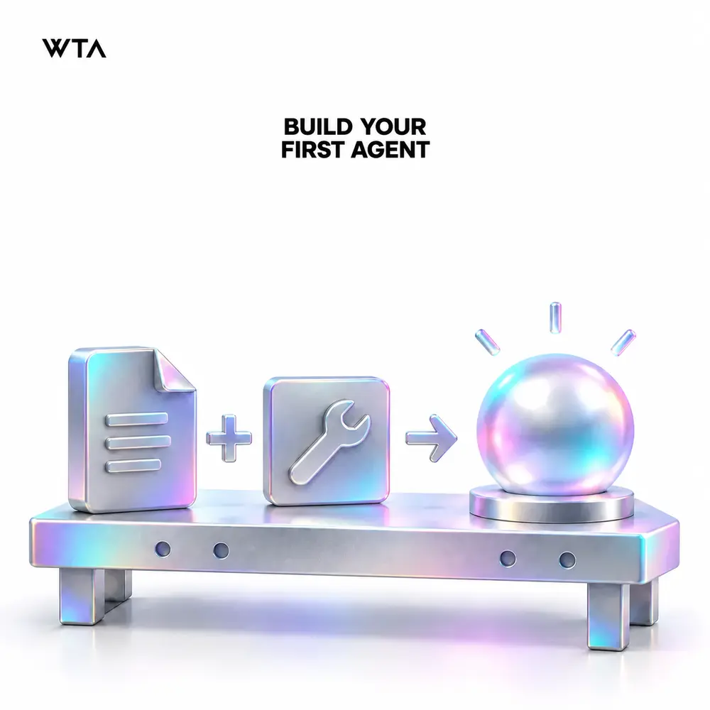 Build your first agent: a simple iridescent workbench assembling one friendly abstract agent sphere from a document block and a tool block, no robot face