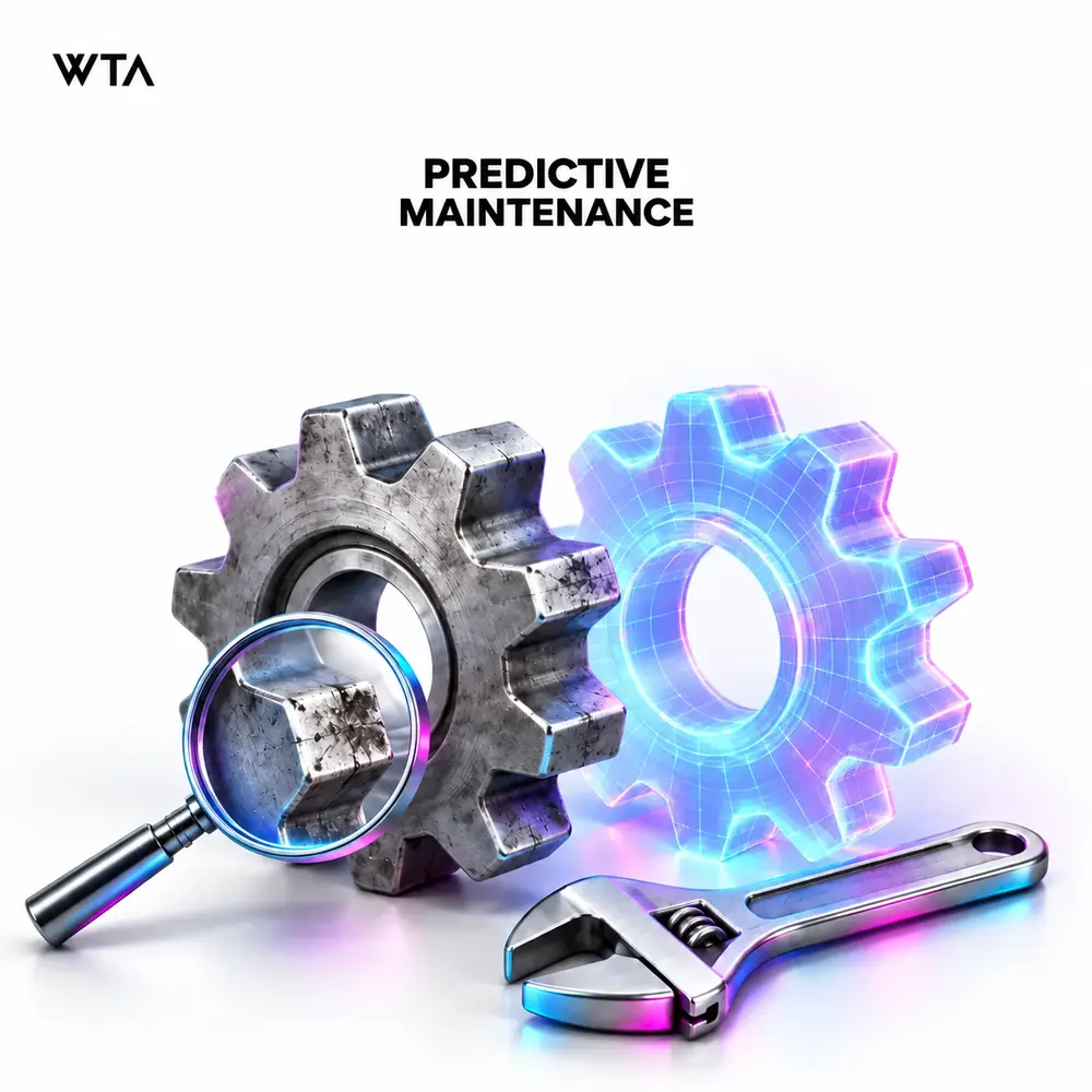 Predictive maintenance: a physical industrial gear beside its glowing translucent holographic twin, a small magnifying lens revealing a worn tooth and a wrench ready for planned maintenance