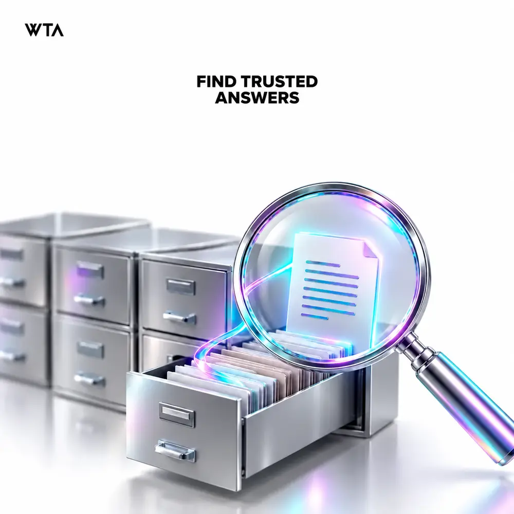 Find trusted answers: a magnifying glass selecting one clearly highlighted document from a stack of legacy filing drawers, a holographic thread connecting the answer back to its source document