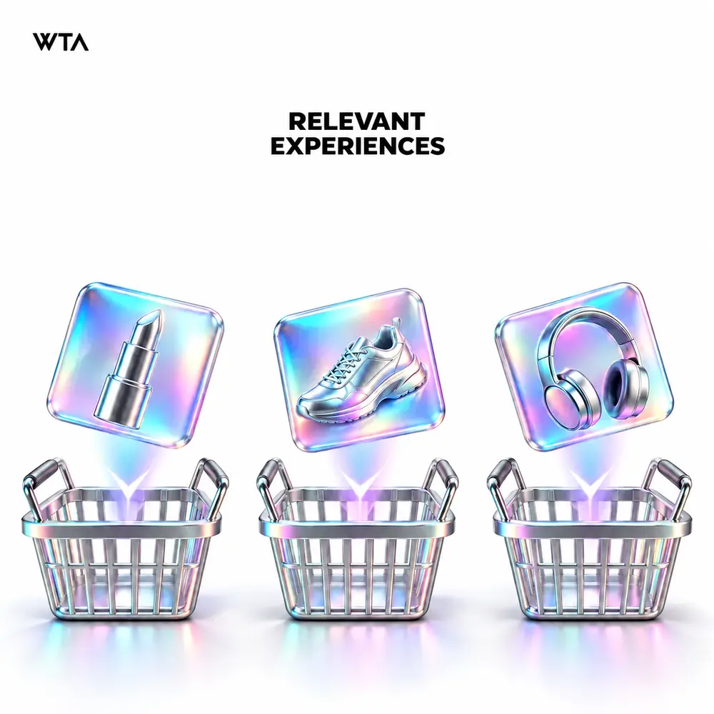 RELEVANT EXPERIENCES: three distinct shopping baskets each receiving a different perfectly fitting iridescent product tile, simple personalization metaphor