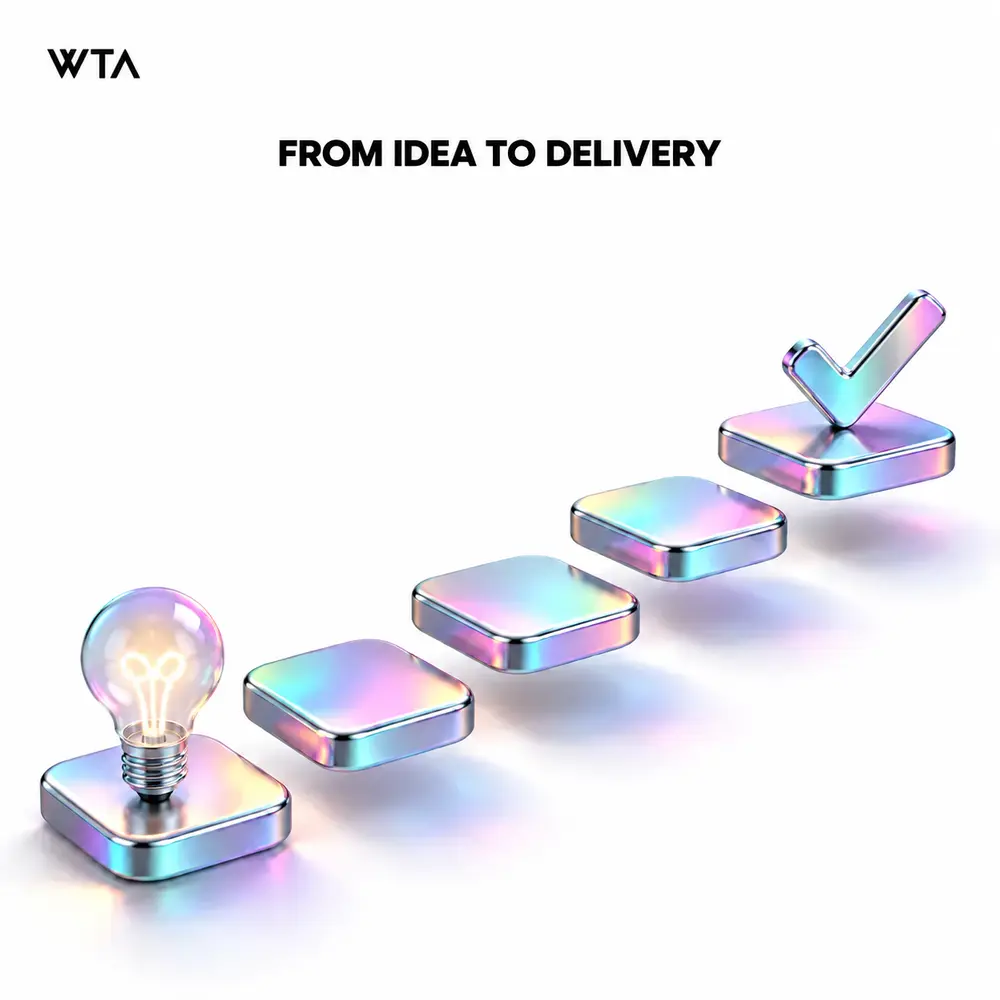 FROM IDEA TO DELIVERY: five ascending iridescent stepping stones leading from a small idea light bulb to a completed checkmark tile, simple clear delivery journey