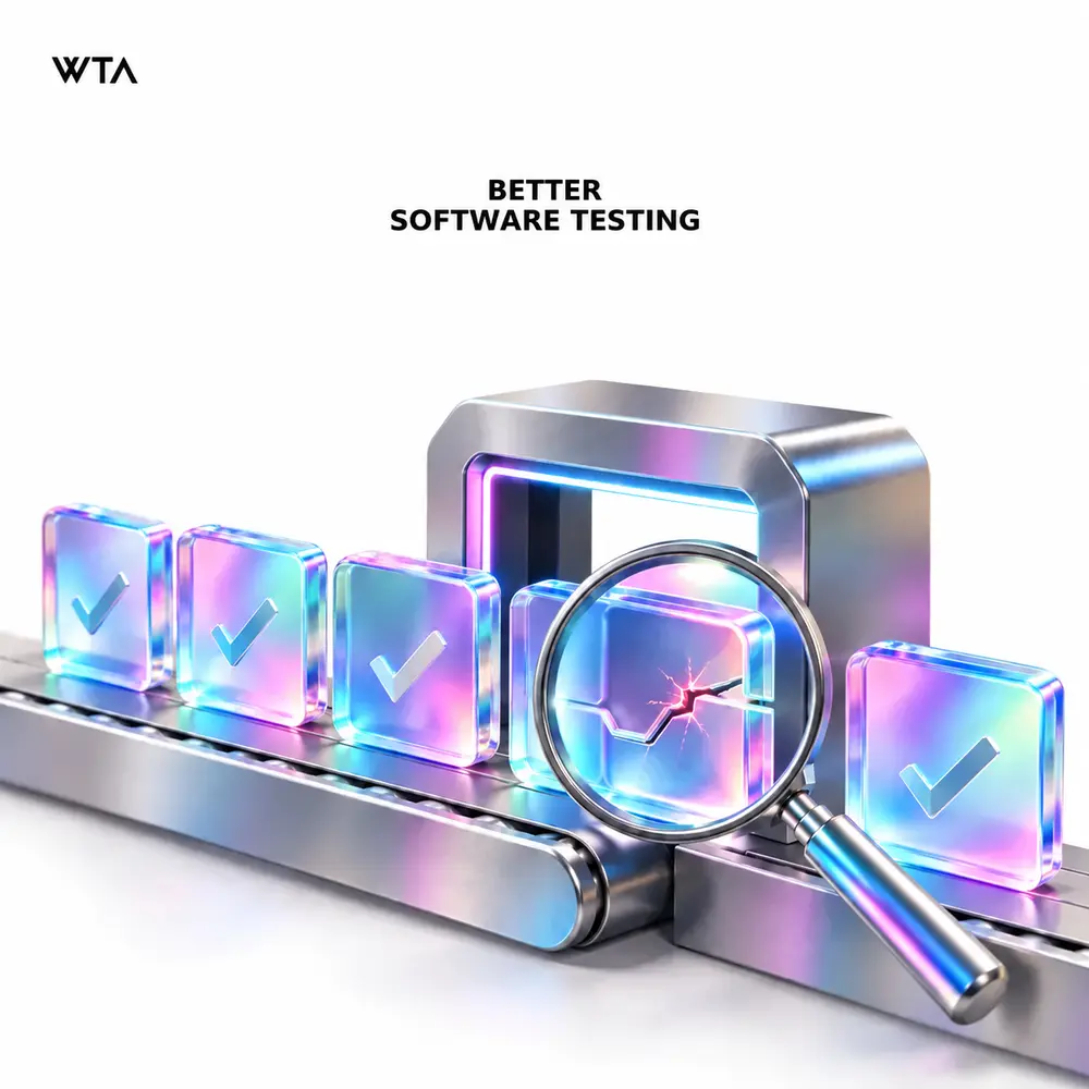 Better software testing: five translucent test tiles entering an inspection gate, a magnifying glass revealing a tiny broken connection on one tile, clear quality inspection metaphor