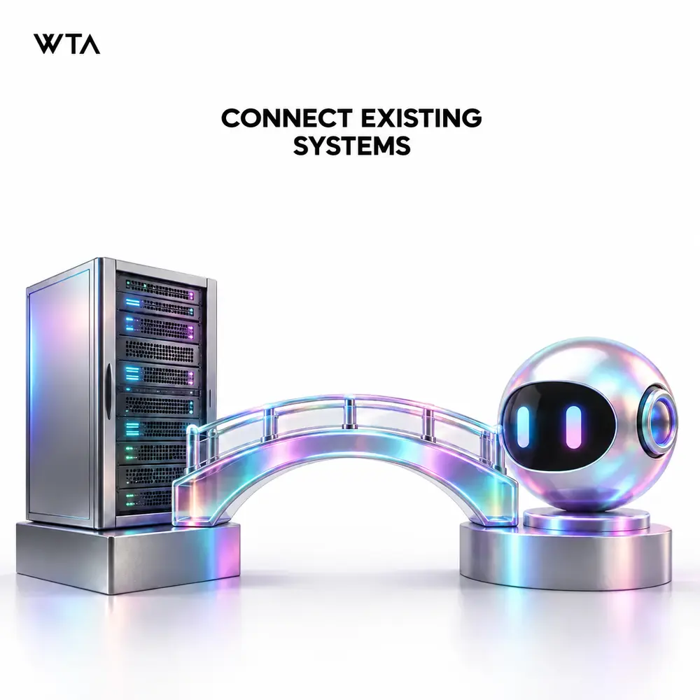 CONNECT EXISTING SYSTEMS: a sturdy iridescent bridge connecting a familiar server cabinet to one simple modern agent orb, clear gap crossed safely