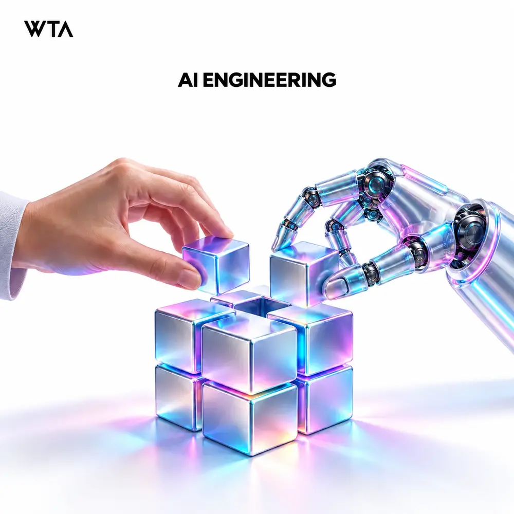 Ai engineering: a human hand guiding a translucent robotic drafting arm as together they assemble a clean modular software cube, partnership and checked construction