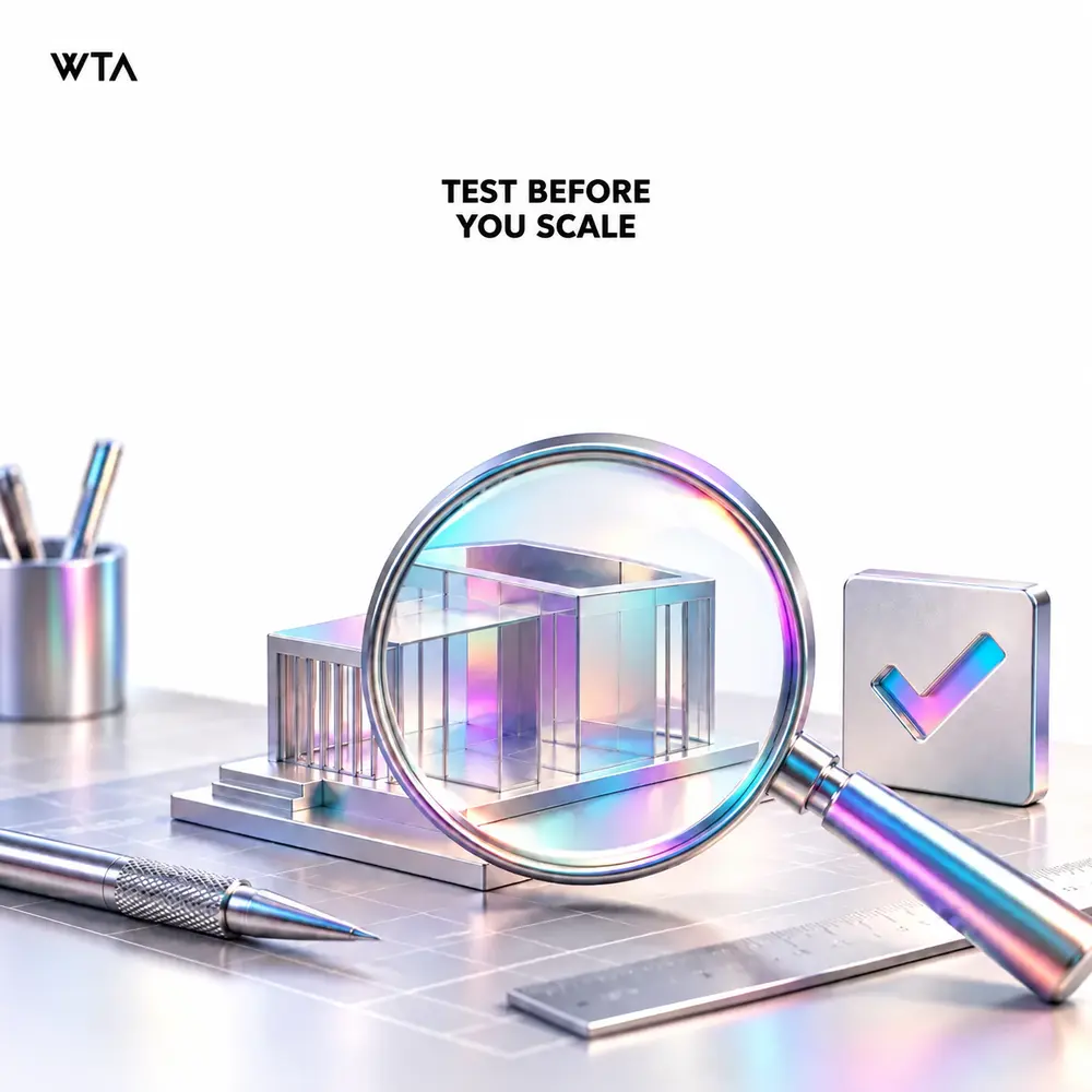 TEST BEFORE YOU SCALE: a small iridescent architectural prototype on a workbench examined by a magnifying glass with a single checkmark tile