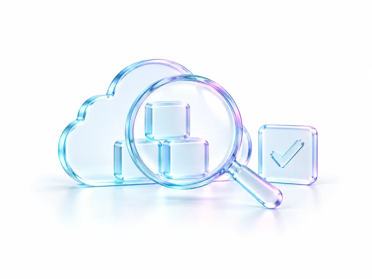 A magnifying glass inspecting a cloud platform, representing an evidence-based architecture review.