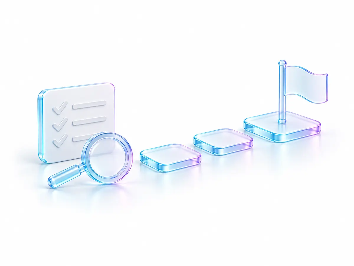 A glass checklist and steps toward a flag, representing a practical AI readiness roadmap.