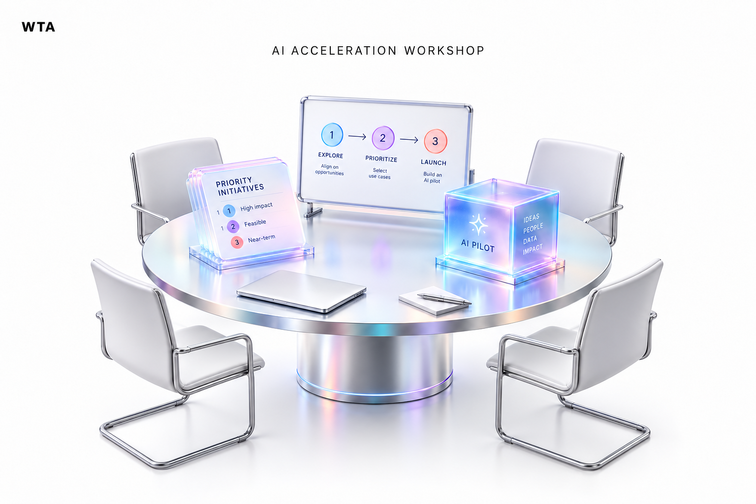 AI acceleration workshop table with an explore, prioritize, and launch roadmap