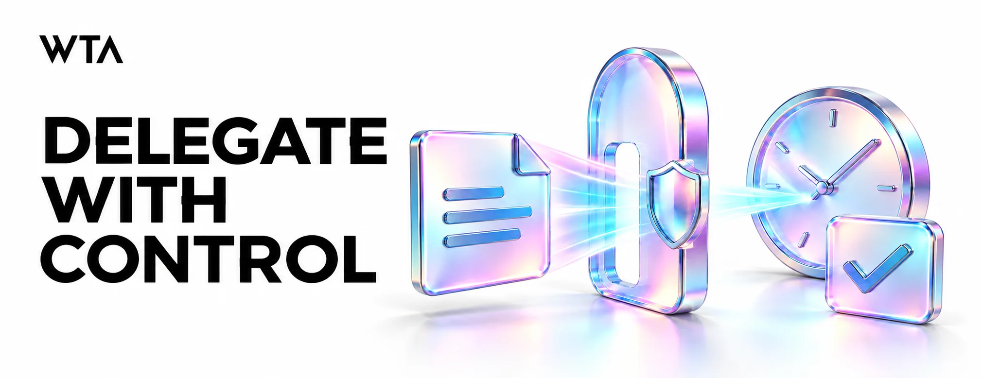 Delegate with control: an agent task passes through a permission gate toward an approved outcome.