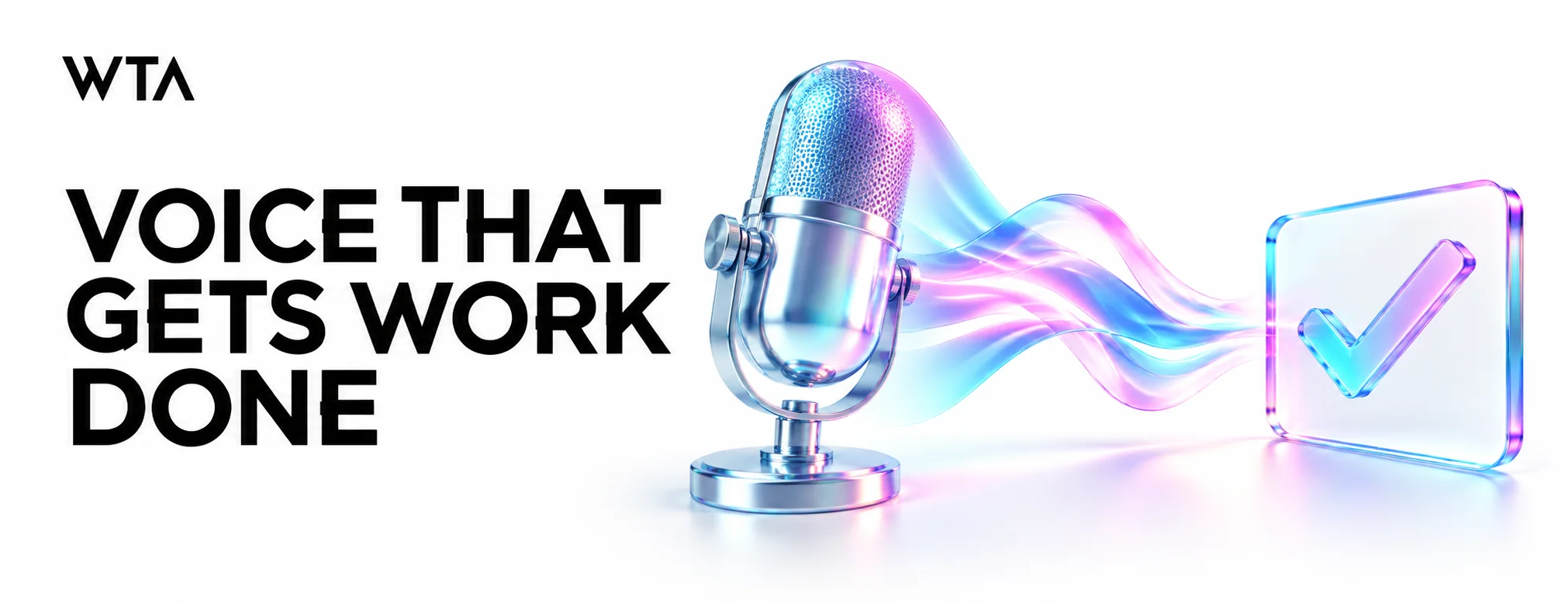 A chrome microphone sends an iridescent sound ribbon toward an approval card.