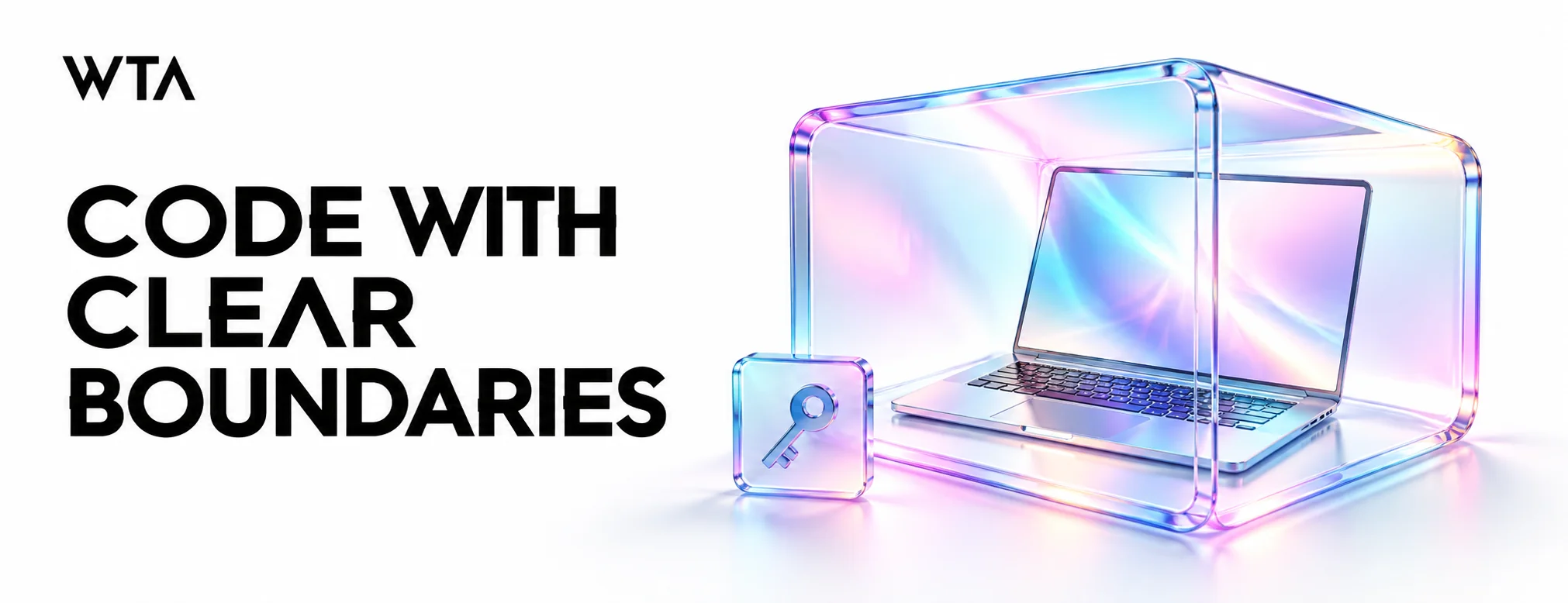 An open polished chrome laptop inside a translucent iridescent enclosure with one small access-key tile.