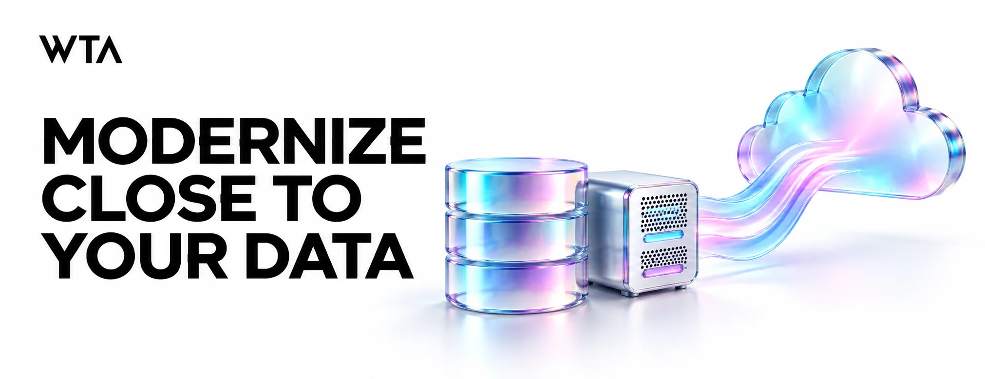 A polished database cylinder beside a compact local server, linked to a distant translucent cloud.