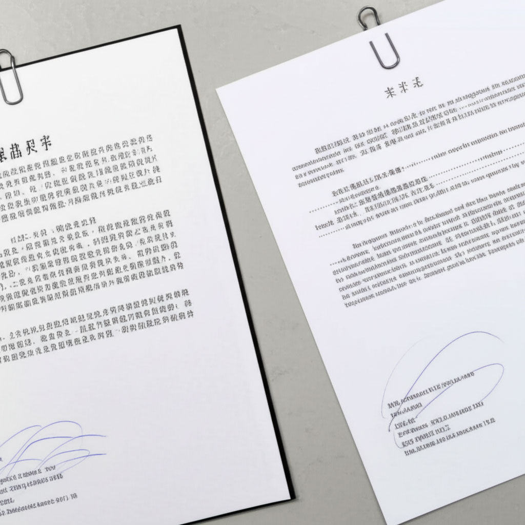 Two clipped documents with foreign text and signatures at the bottom, placed on a light surface.