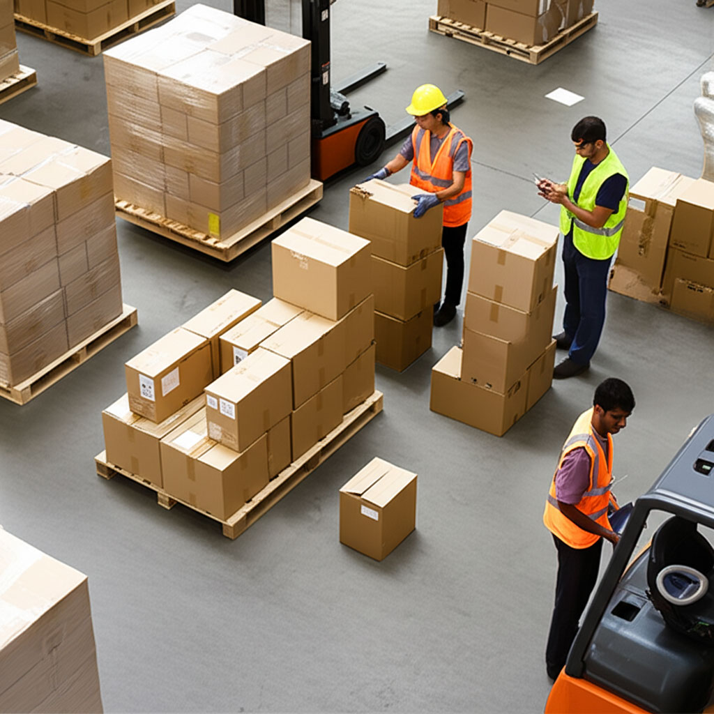 Three workers in safety vests check stacked boxes in a warehouse environment.