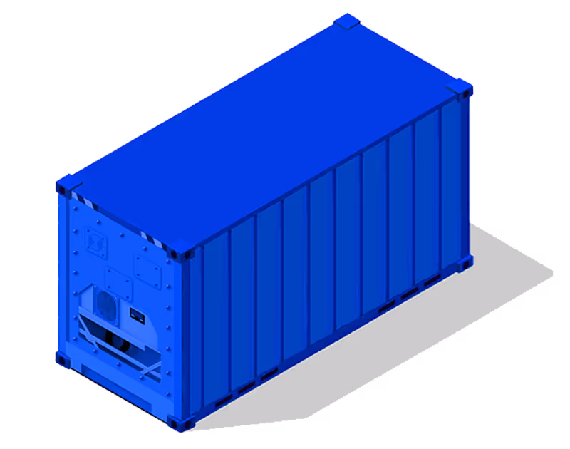 Blue shipping container shown from an angled overhead view.